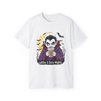 Lattes & Cozy Nights Halloween T-Shirt – Cute Vampire Coffee Lover Tee 2025