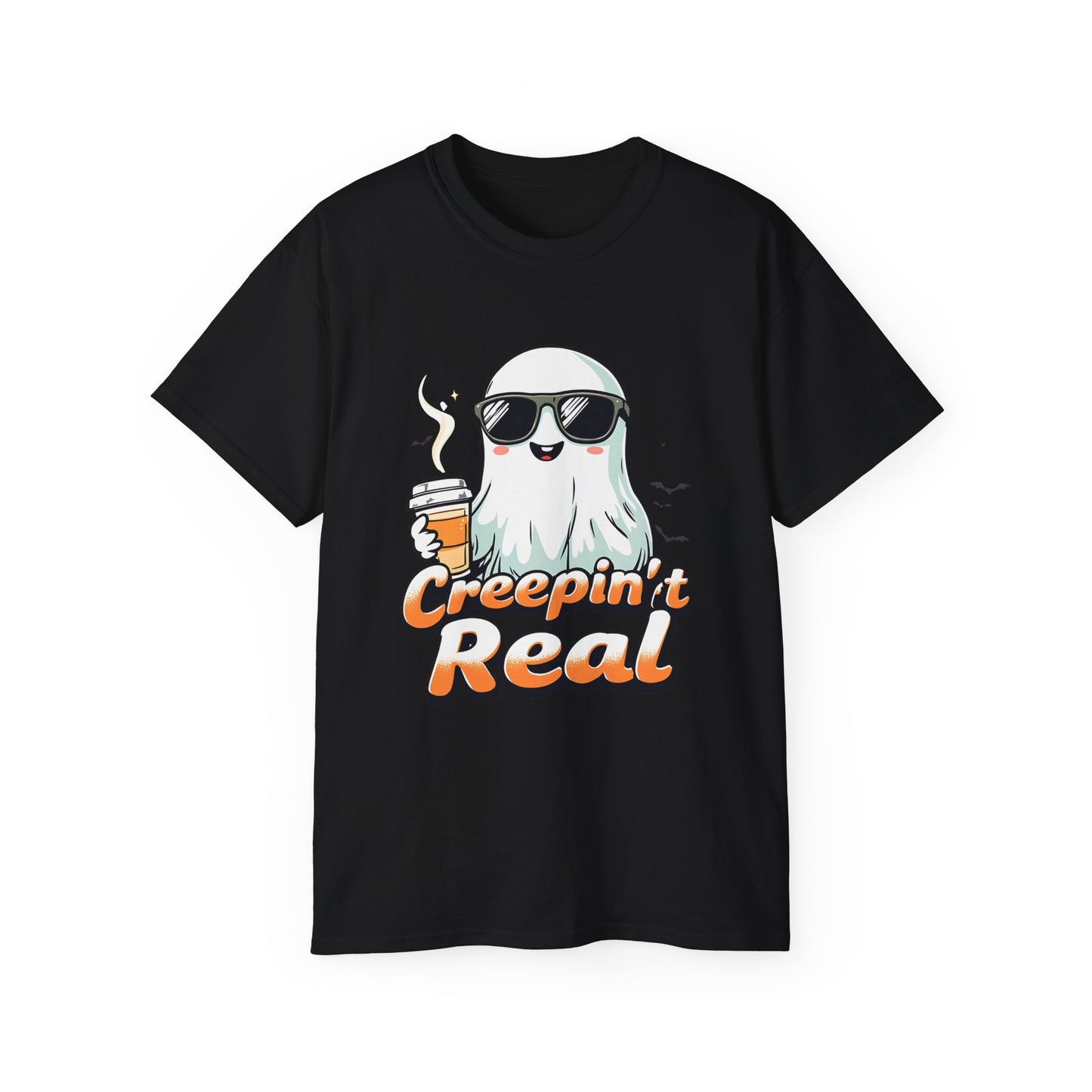 Creepin’ It Real Halloween T-Shirt – Cool Ghost with Sunglasses & Coffee 2025