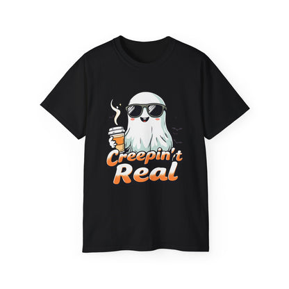 Creepin’ It Real Halloween T-Shirt – Cool Ghost with Sunglasses & Coffee 2025