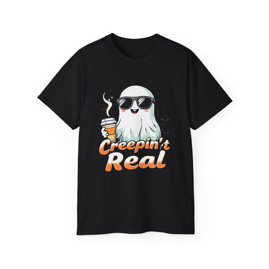 Creepin’ It Real Halloween T-Shirt – Cool Ghost with Sunglasses & Coffee 2025