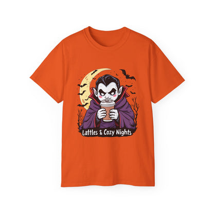 Lattes & Cozy Nights Halloween T-Shirt – Cute Vampire Coffee Lover Tee 2025