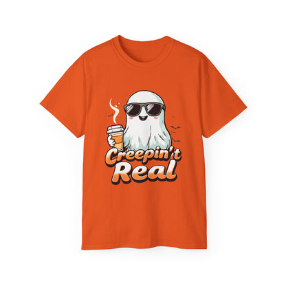 Creepin’ It Real Halloween T-Shirt – Cool Ghost with Sunglasses & Coffee 2025