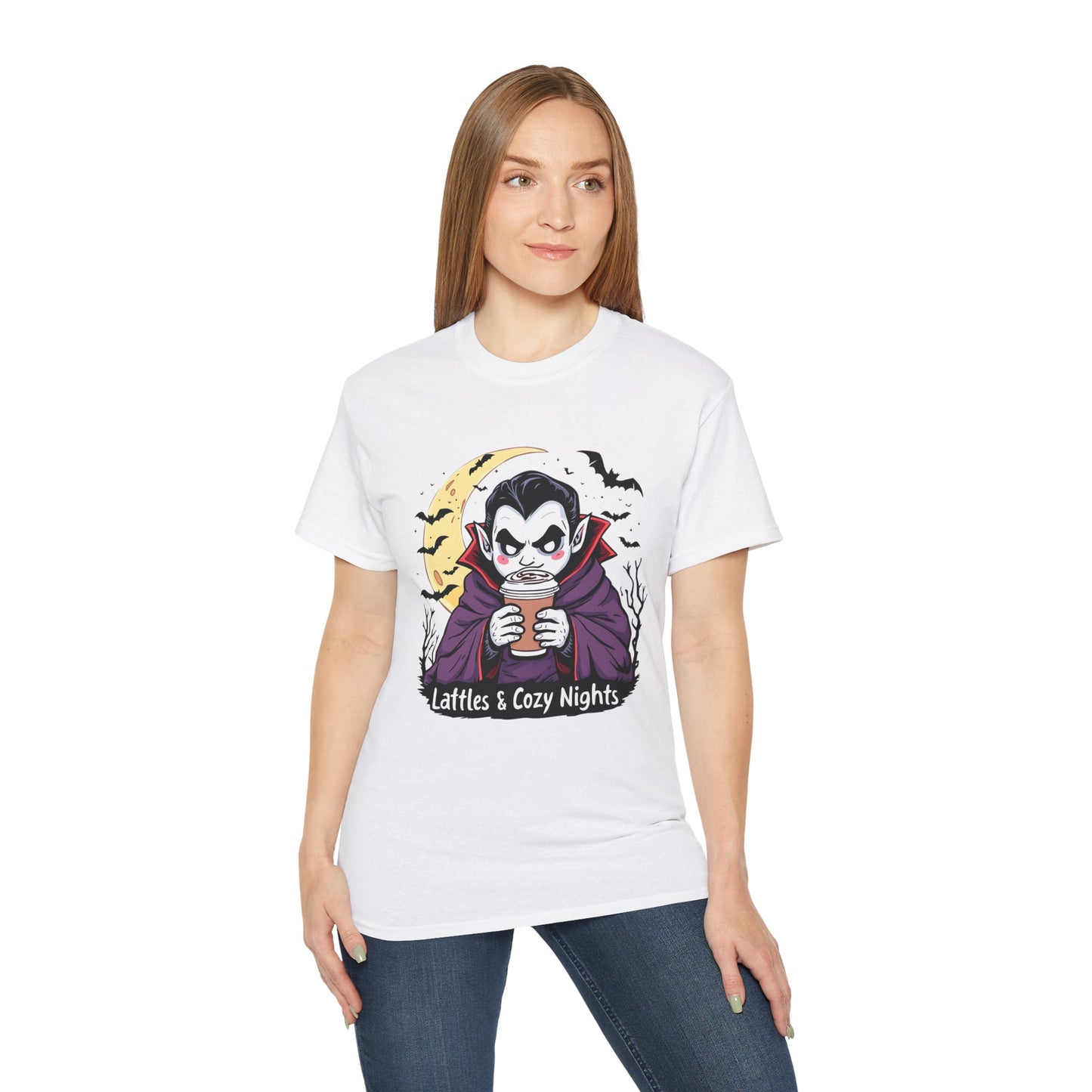 Lattes & Cozy Nights Halloween T-Shirt – Cute Vampire Coffee Lover Tee 2025
