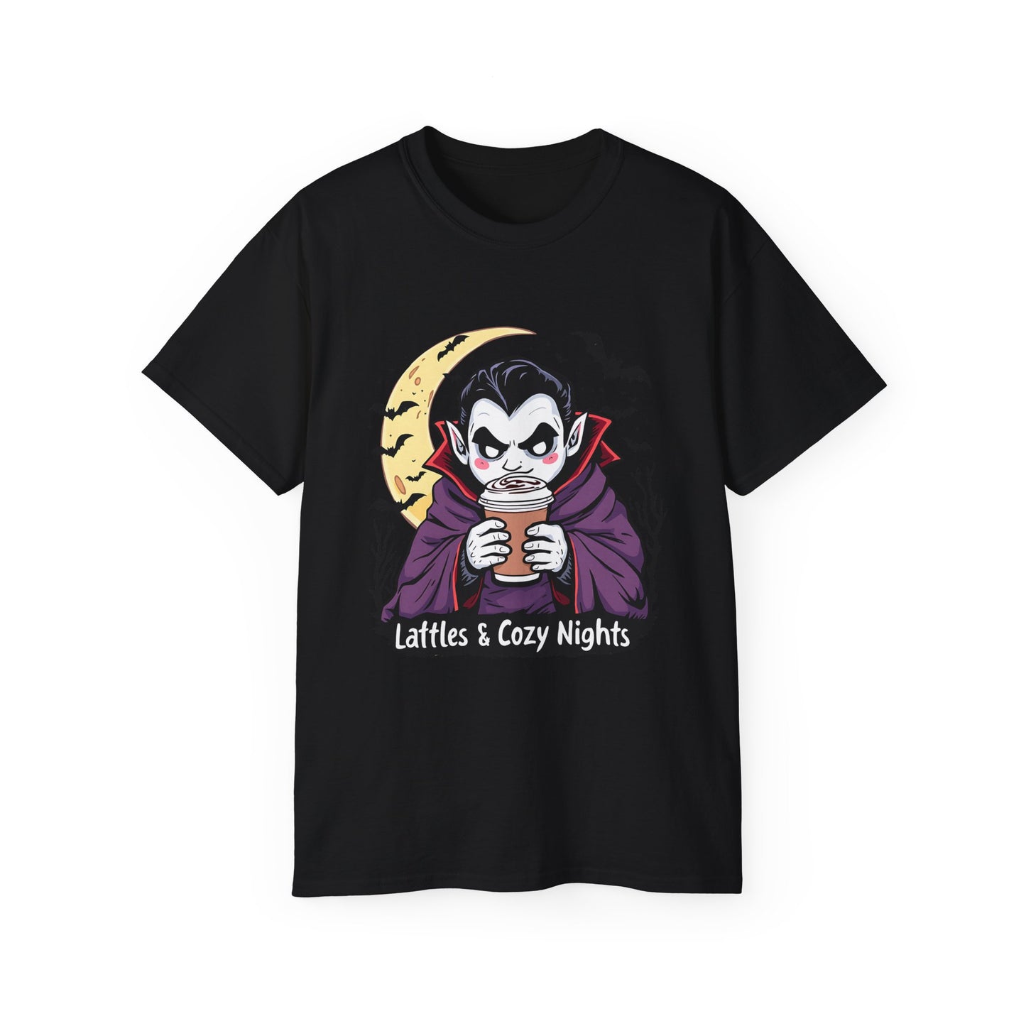 Lattes & Cozy Nights Halloween T-Shirt – Cute Vampire Coffee Lover Tee 2025
