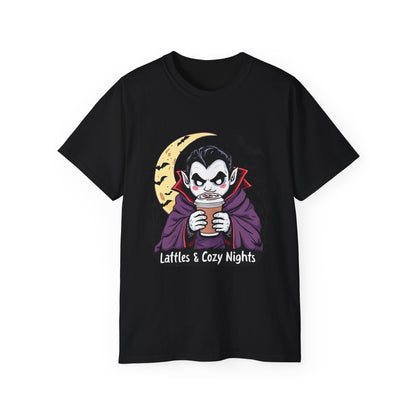 Lattes & Cozy Nights Halloween T-Shirt – Cute Vampire Coffee Lover Tee 2025