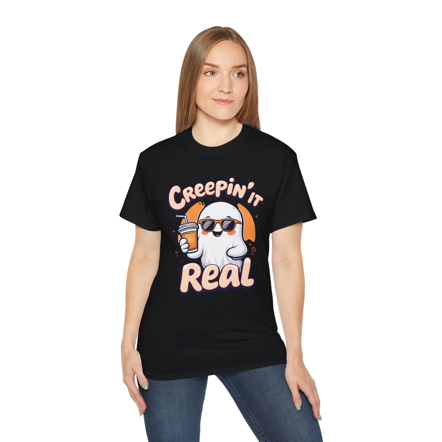 Creepin’ It Real Halloween T-Shirt – Cool Ghost with Sunglasses & Coffee – Funny Spooky Tee 2025