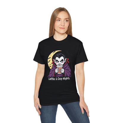 Lattes & Cozy Nights Halloween T-Shirt – Cute Vampire Coffee Lover Tee 2025