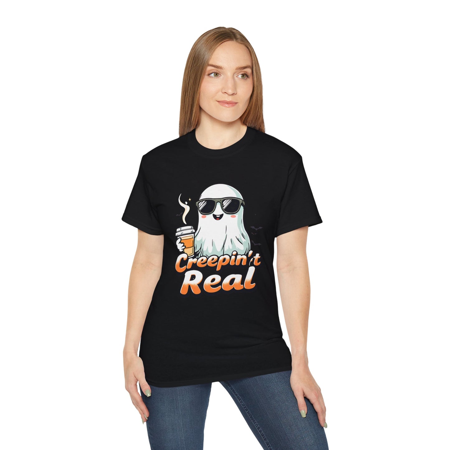 Creepin’ It Real Halloween T-Shirt – Cool Ghost with Sunglasses & Coffee 2025