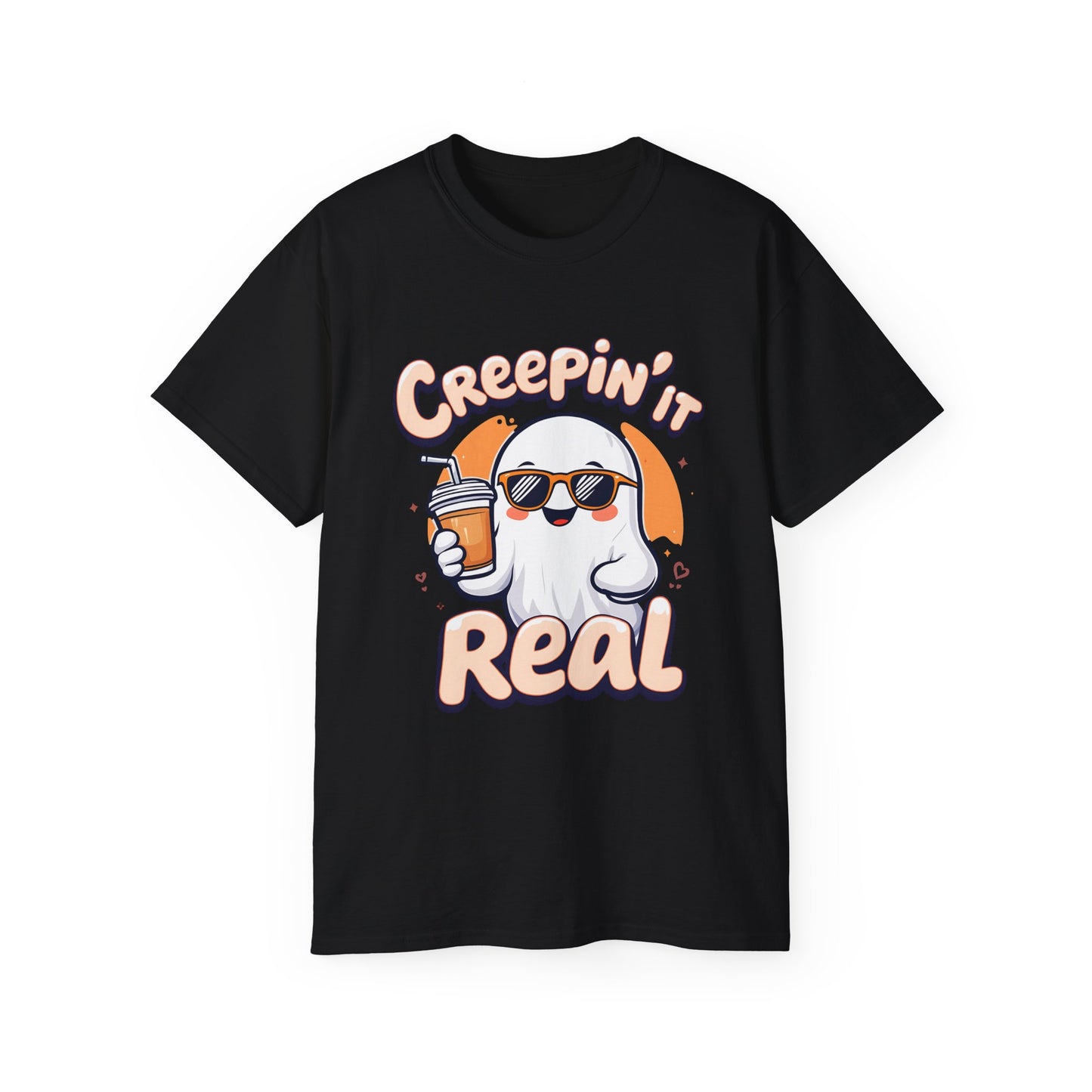 Creepin’ It Real Halloween T-Shirt – Cool Ghost with Sunglasses & Coffee – Funny Spooky Tee 2025