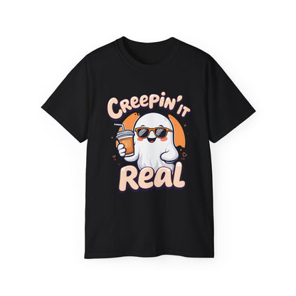 Creepin’ It Real Halloween T-Shirt – Cool Ghost with Sunglasses & Coffee – Funny Spooky Tee 2025