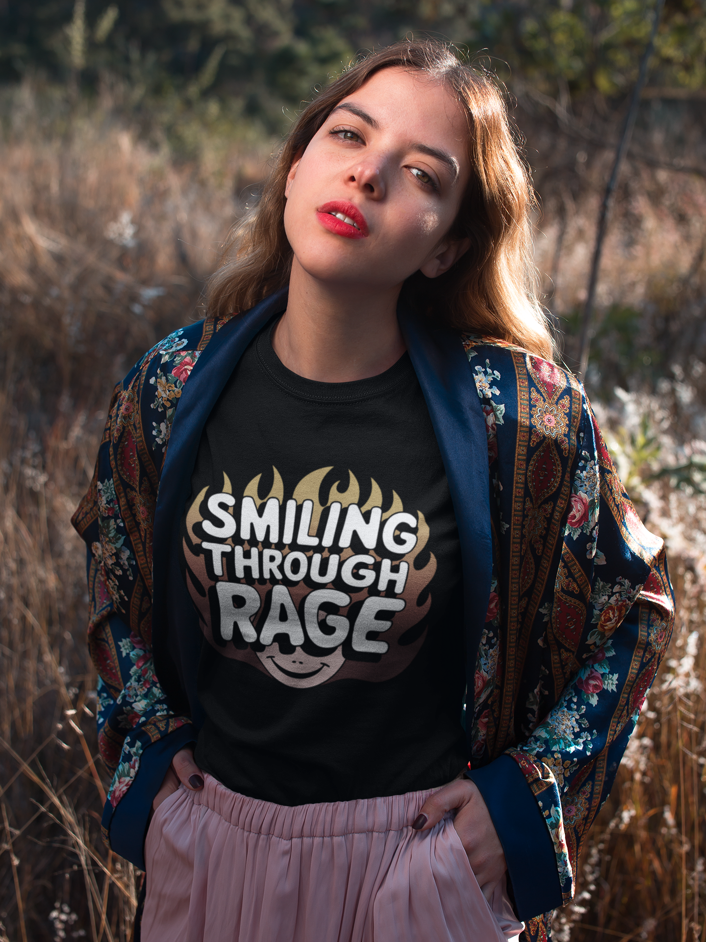 Unisex Women Garment-Dyed T-Shirt with 'Smiling Through Rage'