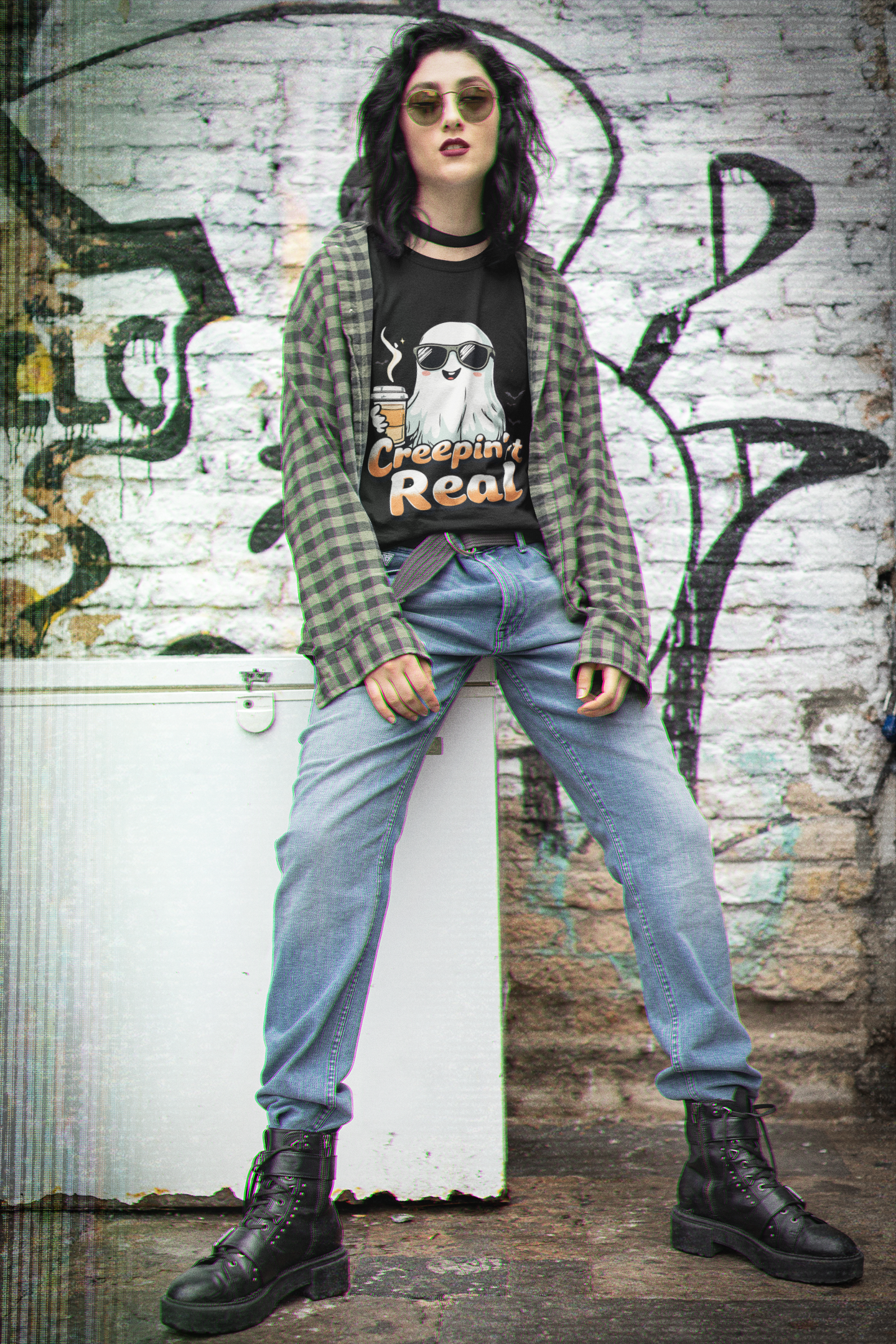 Creepin’ It Real Halloween T-Shirt – Cool Ghost with Sunglasses & Coffee 2025