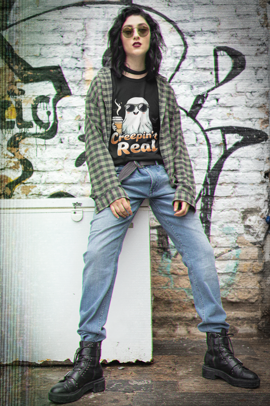 Creepin’ It Real Halloween T-Shirt – Cool Ghost with Sunglasses & Coffee 2025