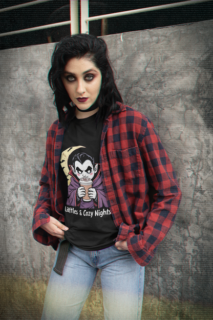 Lattes & Cozy Nights Halloween T-Shirt – Cute Vampire Coffee Lover Tee 2025